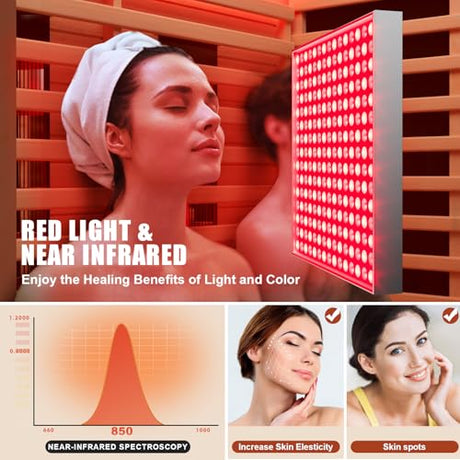 MEISSALIVVE Full Spectrum Infrared Sauna，1-2 Person Home Sauna，Red Cedar Indoor Sauna with Resonance Speaker, Panoramic Tempered Glass Door MEISSALIVVE