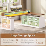 SEDETA L Shaped Electric Standing Desk, 63 inch Gaming Computer Desk with Storage Shelves and LED Lights, Height Adjustable Office Desk with Power Outlet and Pegboard, Brown Desktop SEDETA