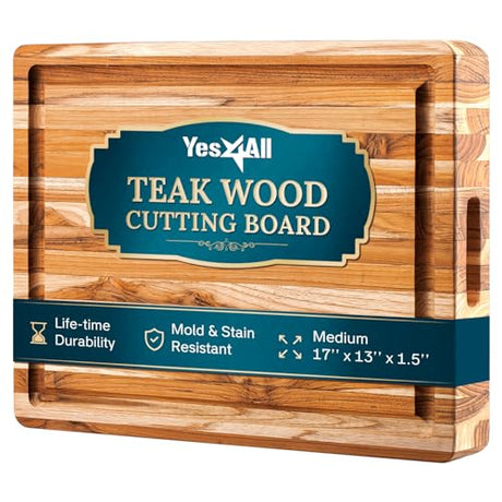 Yes4All Solid Teak Cutting Boards for Kitchen, [17''L x 13''W x 1.5” Thick] Medium Edge Grain Butcher Block Cutting Board, Food Safe Surface Wood Yes4All