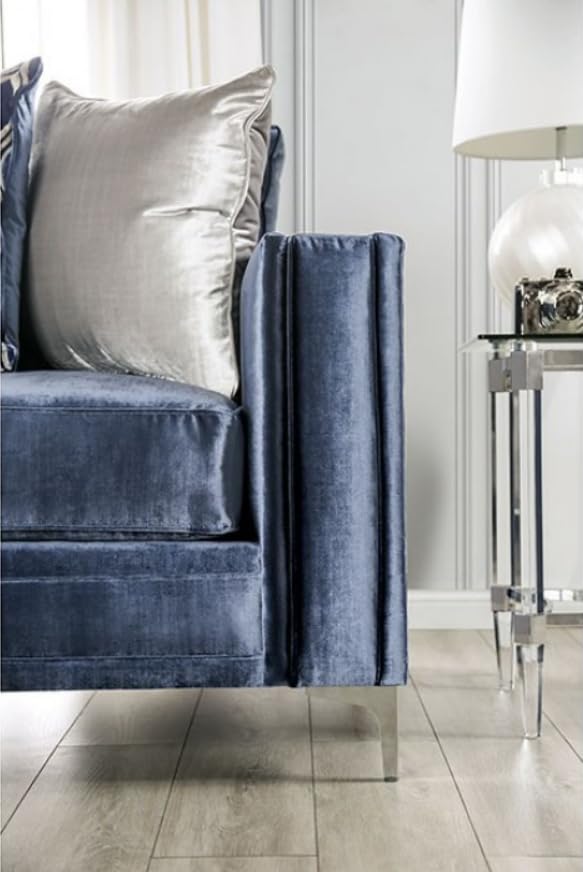 MASARA Contemporary Satin Blue Microfiber Sofa, 96 inch with Chrome Legs, Track Arms, Silver Accent Pillows MASARA