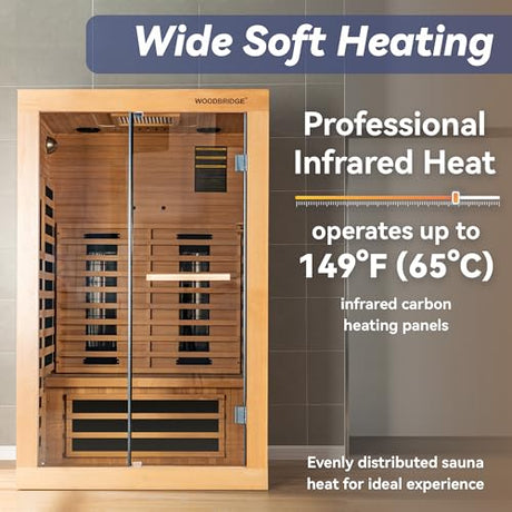WOODBRIDGE Infrared Home Sauna Room 2 Person Hemlock Wooden Indoor Sauna,7 Carbon 1980W/120V Heaters,with Led Color Therapy Light,Bluetooth Speaker,Tempered Glass,Touch-Tone Keypad and A Top Vent WOODBRIDGE
