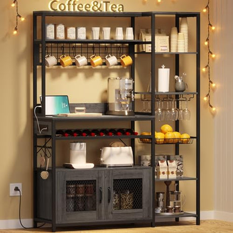 UPOSOJA 47.2in Grey Bakers Rack with Power Outlet and Ample Storage Solutions UPOSOJA