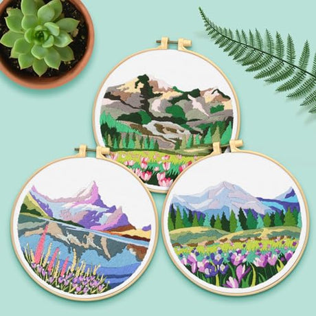 ERKOON Embroidery Kit for Beginners, 5 Sets Flower Cross Stitch Set for Adults Include Embroidery Cloth Hoops Threads for Craft Lover Hand Stitch with Skill Techniques (Landscape) ERKOON