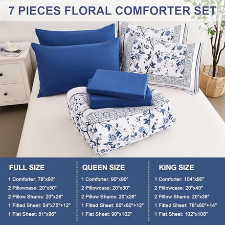 Dobuyly Floral King Size Comforter Set, Blue Flowers on White Botanical Bedding Set 7 Piece Bed in a Bag King, Soft Microfiber Bedding Comforter Sets with Sheets for All Season Dobuyly
