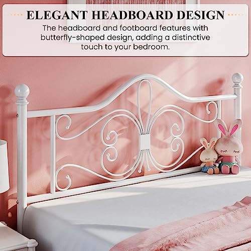 SHA CERLIN Queen Size Bed Frame with Headboard,Metal Bed Frame with Butterfly Pattern Design Headboard & Footboard,No Box Spring Needed,Easy Assembly,White SHA CERLIN
