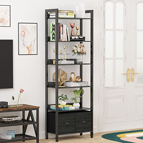 Furologee 6-Tier Industrial Bookshelf with 2 Drawers - Black Oak Tall Bookcase for Home Office and Bedroom - WoodArtSupply