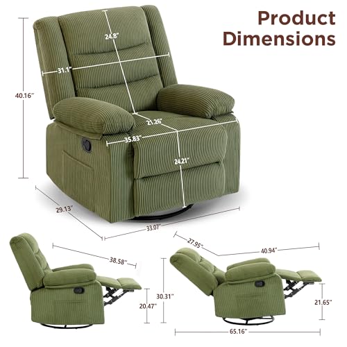 360° Swivel Rocker Recliner Chair for Adults, Nursery Manual Reclining Chair with Arms and Back, Upholstered Glider Rocking with Side Pockets for Living Room, Bedroom Nursing use, Corduroy, Green