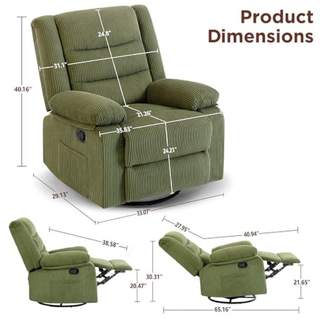 360° Swivel Rocker Recliner Chair for Adults, Nursery Manual Reclining Chair with Arms and Back, Upholstered Glider Rocking with Side Pockets for Living Room, Bedroom Nursing use, Corduroy, Green FiveWillowise
