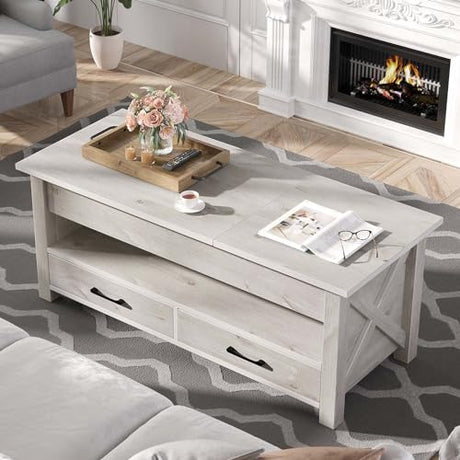 Seventable Coffee Table, 47.2" Lift Top Coffee Table with 2 Storage Drawers and Hidden Compartment, Retro Center Table with Wooden Lift Tabletop for Living Room, Gray Seventable