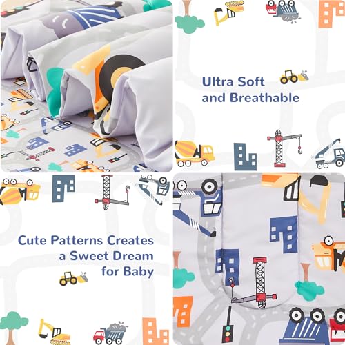 lasoftan Construction Toddler Bedding Set for Boys, 4 Piece Bed-in-a-Bag Toddler Comforter Sets, Excavator, Cars Printed, Super Soft and Comfortable Microfiber Todeeler Bed Set lasoftan