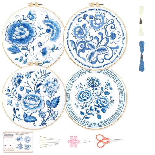 BEUNITONE 4 Set Embroidery Kit for Beginners, Blue Flower Cross Stitch Kits, Needlepoint Kits for Adults with Instructions and Full Kit, Classical Hand Embroidery Patterns for Cloth and Home Decor