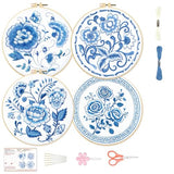 BEUNITONE 4 Set Embroidery Kit for Beginners, Blue Flower Cross Stitch Kits, Needlepoint Kits for Adults with Instructions and Full Kit, Classical Hand Embroidery Patterns for Cloth and Home Decor
