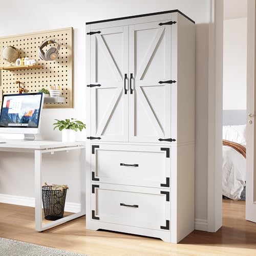 YITAHOME Pantry Cabinet, Wooden Kitchen Storage Cabinet, Storage Pantry with 2 Drawers and Adjustable Shelves, Farmhouse Versatile Storage for Living Room, Dining Room or Hallway, White