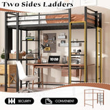 Shintenchi Full Size Loft Bed with Desk, Metal Frame with 2 Side Ladders, Storage Shelves, Safety Guardrail, Noise Free & Anti-Tilt Design, Space-Saving for Kids/Teens/Adults, Black Shintenchi