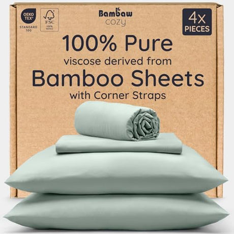 Bambaw 100% Viscose Derived from Bamboo Sheets Queen Size Deep Pocket Set – 4pcs Hotel Luxury Bedding Set, Fits Up to 16'' with Elastic Corner Straps, Ultra Soft Cooling Sheets Queen Size (Sea Glass) Bambaw