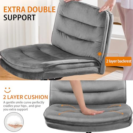 COMHOMA Cross Legged Office Chair with Wheels Armless-Office Desk Chair, Modern Vanity Computer Task Chairs for Home Bedroom, Comfortable Wide Seat for Lower Back Pain Relief, Soft Velvet, Gray COMHOMA