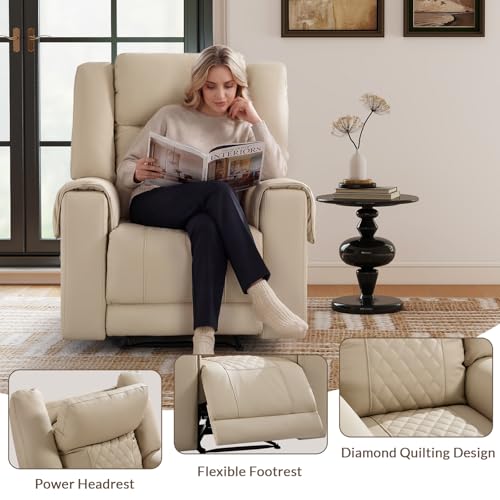 ANJ Top-Grain Genuine Leather Power Recliners for Adults, Dual Motor Electric Recliner Chairs with Power Headrest & 2 Cup Holders, Overstuffed Heavy Duty Reclining Sofa for Living Room Bedroom, Beige