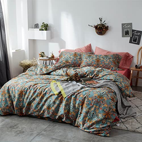 mixinni Vintage Style Garden Flower Queen Duvet Cover with Zipper Closure Soft Long Staple Percale Cotton Vibrant Pattern on Flower Bedding Quilt Cover Set(Queen, All Season) mixinni