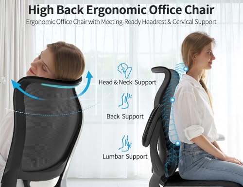 TRALT Ergonomic Office Chair - Desk Chair with Wave High Back Adjustable Lumbar Support Computer Chair - Gaming Chairs Mesh Backrest and PU Leather Seat for Home Reading Chairs to Adults(Black) TRALT