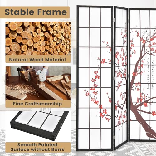 GOFLAME Japanese Style 4 Panel Room Divider, 6ft Folding Shoji Screen Room Partition with Plum Blossom Design, Solid Wood Frame, Freestanding Wall Divider, Indoor Room Separator for Home Office GOFLAME