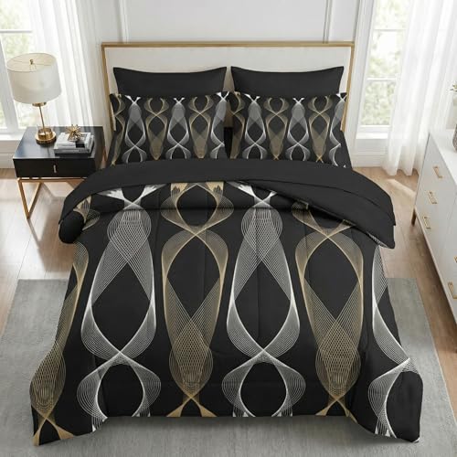 Nesker 7 Pcs Comforter Set Queen Size, Striped Minimalist Bedding Set for Kids and Adults, White Golden Wave Bed Sheet Sets with Fitted Sheet 2 Pillowcases & 2 Shams Nesker