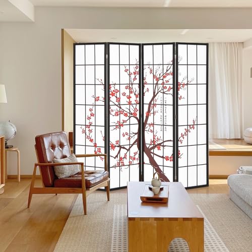 Giantex Room Divider, 4 Panel 6FT Room Dividers, Folding Privacy Screen, Oriental Shoji Screen for Room Separation, Portable Freestanding Japanese Wall Partition with Plum Blossom Design, White Giantex
