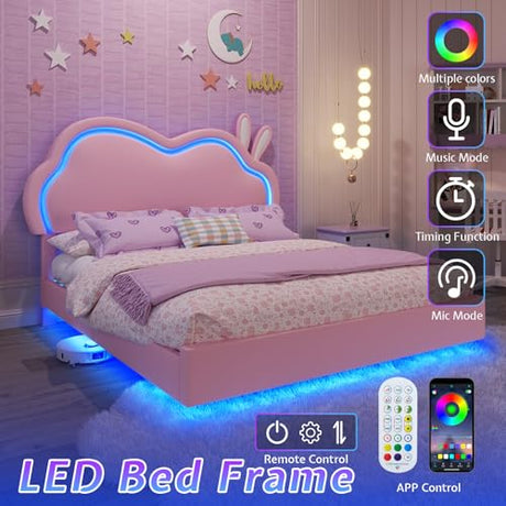AMERLIFE Floating Queen Bed Frame with Adjustable RGB LED Headboard, Leather Upholstered Platform Bed for Kids/Girls,Wood Slats Support, No Box Spring Needed, Easy Assembly, Pink AMERLIFE
