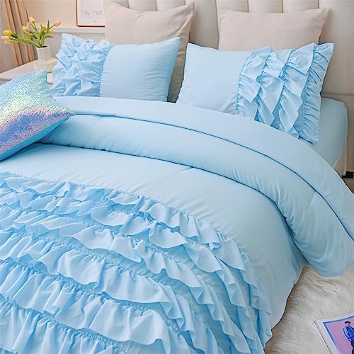 Holawakaka Light Blue Waterfall Ruffle Comforter Set, Full Size Shabby Chic Ruffled Bedding Set for Girls Women, Kids Teens Ruched Dorm Bed Set 3 Pieces Holawakaka
