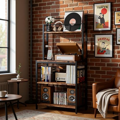 IRONCK Record Player Stand, 2-Tier Vinyl Record Storage, Large Record Player Table with Charge Station, Turntable Stand with Record Rack Holds Up to 300 Albums for Living Room IRONCK