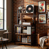 IRONCK Record Player Stand, 2-Tier Vinyl Record Storage, Large Record Player Table with Charge Station, Turntable Stand with Record Rack Holds Up to 300 Albums for Living Room IRONCK