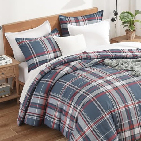 Andency Navy Red Plaid Comforter Set Queen(90x90Inch), 3 Pieces Grid Gingham Stripes Bedding Comforter Sets for Boys Girls Kids Teens, Preppy Geometric Line Soft Lightweight Reversible Bed Set as Gift Andency