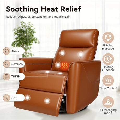 Himimi Power Recliner Chair, Swivel Rocker Recliner with Massage and Heat, Nursery Glider for Living Room, Small Space, Faux Leather, USB, Side Pockets, Orange-Brown Himimi