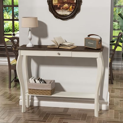 ChooChoo Narrow Farmhouse Console Table with Drawer, Chic Accent Sofa Entryway Table with Shelves for Entryway, Living Room, Hallway, Antique White &