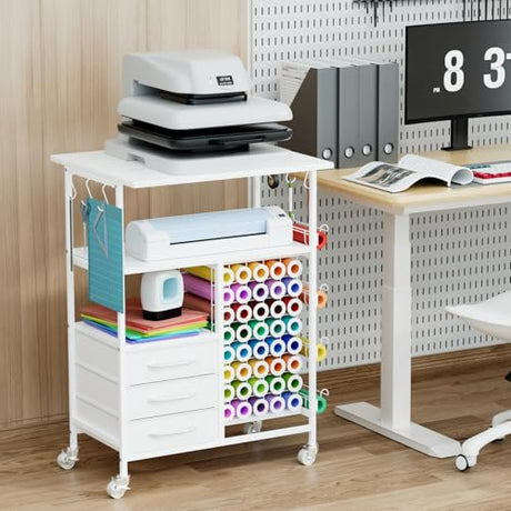 Homsorout Movable Heat Press Table - 6-Tier Heat Press Stand with Drawers and Vinyl Roll Holder, Craft Cabinet Table Compatible for Cricut Craft Cutting Machine Stand Workstation (White) Homsorout