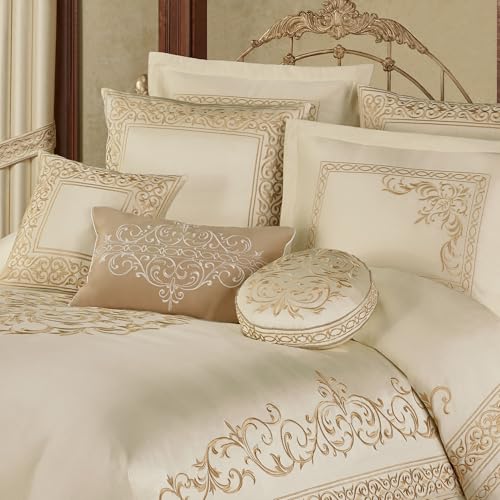 Versailles Luxury Bedding | Classic Neutral Pearl | Palace-Inspired French Style Golden Scrollwork Embroidery on Sateen | 7 Piece Set: Cal King Comforter, Bedskirt, 2 King Shams & 3 Decorative Pillow Touch of Class