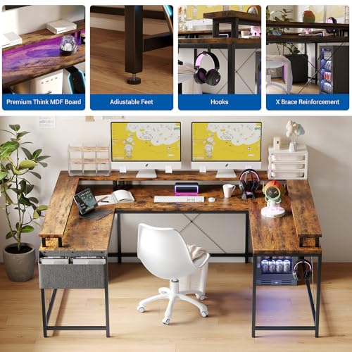 PeacefulHues 126 Inch U Shaped Gaming Desk with Monitor Stand and LED Lights, Reversible Large Computer Desk with Power Outlets, Office Desk with Storage Bag and Hooks, Vintage Style PeacefulHues