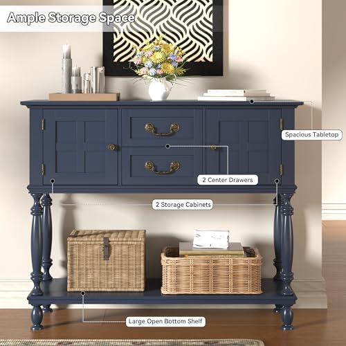 ZOSQUARE Farmhouse Console Table with 2 Drawers and 2 Cabinets, Sofa Table with Open Storage Shelf, Vintage Entryway Table for Entryway, Living Room, Hallway, Foyer ZOSQUARE