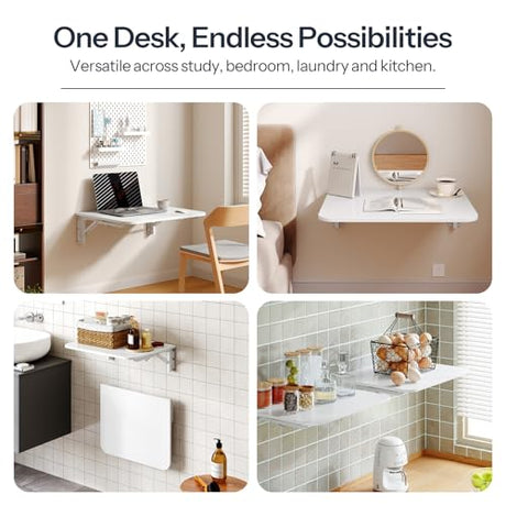 HOOBRO Folding Table, Wall Mounted Desk, Floating Wall Desk with Iron Bracket, Drop Leaf Table for Small Spaces, for Kitchen, Laundry Room, Home, Office, White WT054BZ01 HOOBRO