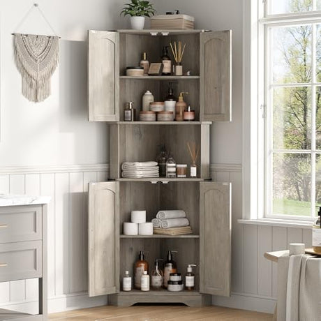 Maupvit Tall Corner Cabinet, Farmhouse Corner Storage Cabinet with 4 Barn Doors and Adjustable Shelves, Storage Pantry Cabinet for Kitchen, Living Room, Laundry Room, Grey Maupvit