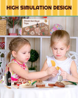 RRIBOUDWAN Wooden Play Food Toys, Food Pretend Playset Include Four Kinds of Steak, Pasta, Red Wine, Wine Glass, Vegetable Salad, Steak Dinner Game for 3+ Years Old Children RRIBOUDWAN