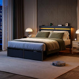 Forestell Full Size Bed Frame with Wood Headboard, Black Platform Bed with 2 Storage Drawers & Shelf, Built in Charging Station & LED Lights, Metal Support, No Box Spring Needed, Camas Full Forestell