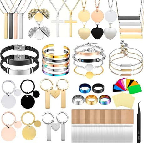 Vercleuim 161 Pcs Laser Engraving Materials kit, 20 types Jewelry Making Engraving Accessories Kit with Necklace, Bracelet, Ring, Keychain，Mental business card for Laser Engraver DIY Crafting Supplies vercleuim