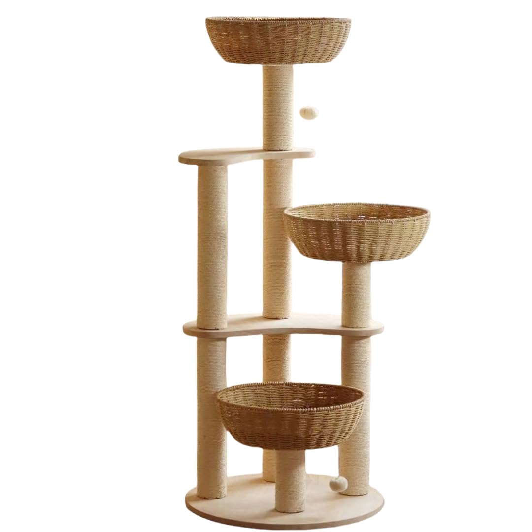 54" Modern Cat Tree for Large Cats, Wood Luxury Multi-Level Oak Solid Wood Cat Trees Cat Towers with 3 Rattan Weaving Cat Nests & Washable Cushions, Sisal Scratching Posts, for Indoor Cats-Lacquered MewJoyee