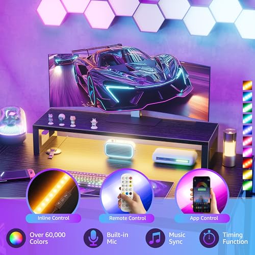 MEUIS 40 inch Small Gaming Desk with Pegboard Shelves Computer Desks with Led Lights Power Outlets PC Monitor Stand Reversible Storage Shelf Table for Bedroom Small Space, Black MEUIS