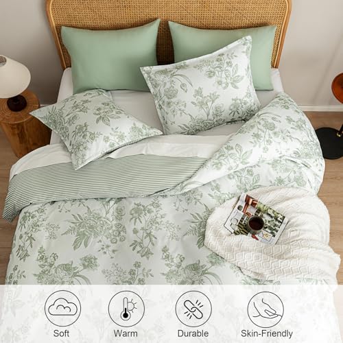 PHF Ultra Soft Floral Duvet Cover King Size, Printed Bedding Set 3 Pieces, Comfy Farmhouse Pattern Duvet Cover Set with 2 Pillow Shams, Zipper Closure and 8 Ties, 104"x90", Flower-Green PHF