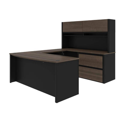 Bestar Connexion U-Shaped Executive Desk with Lateral File Cabinet and Hutch, 72W, Antigua & Black