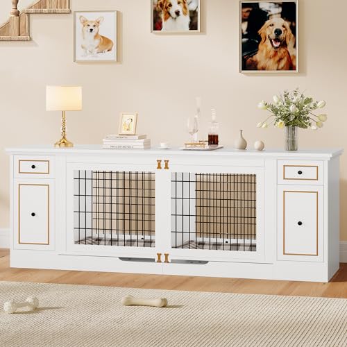 YITAHOME Double Dog Kennel Furniture with Tray, 79" Dog Crate Table with Storage for 2 Small/Medium Dogs, Indoor Wooden Dog House TV Stand, White - WoodArtSupply