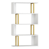 Yusong Geometric Bookcase, S Shaped Bookshelf 4-Tier Book Shelves for Bedroom, Modern Wood Decorative Display Shelf Tall Book Case for Home Office, Gold and White Yusong