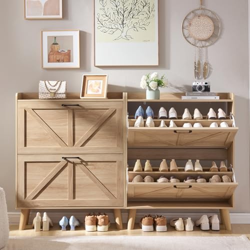 LEYAOYAO Shoe Storage Cabinet with 2 Flip Drawers，Narrow Shoe Storage Cabinet Organizer with Legs for Entryway Hallway, Living Room, Bedroom，Hidden Slim Storage Narrow Shoe Rack Cabinet,Natural LEYAOYAO