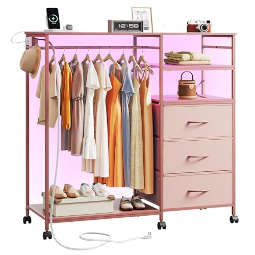 WLIVE Dresser for Bedroom with Clothes Rack, 3 Drawer Dresser with LED Lights & Charging Station, Fabric Dressers & Chest of Drawers, Storage Organizer with Open Shelves for Closet, Living Room, Pink WLIVE